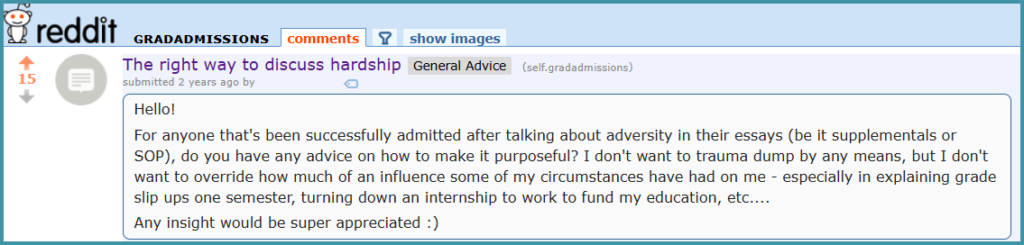 Reddit post about avoiding trauma dumping in Stanford MS&E SOP